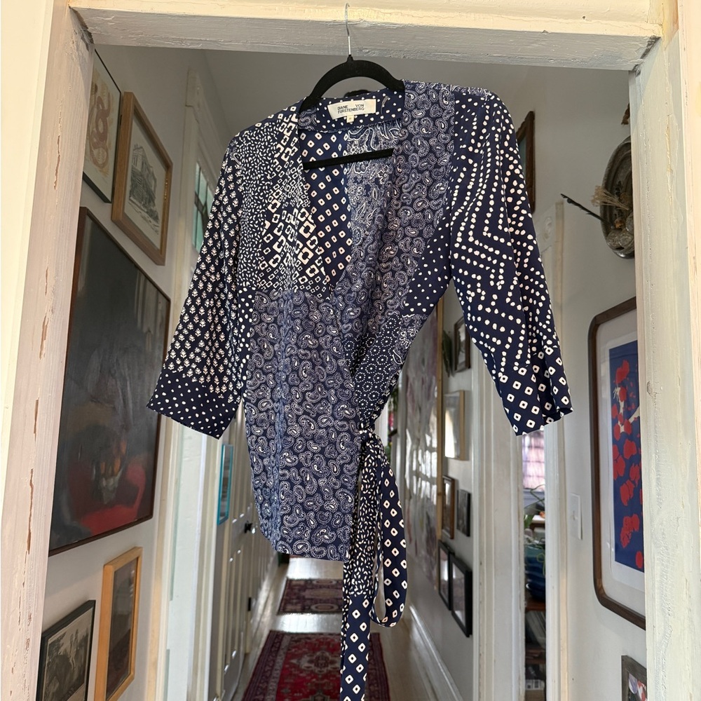 DVF Silk Navy Blue Patterned Wrap Top